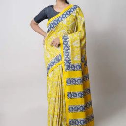 Unnati Silks Yellow Cotton Floral Print Saree With Unstitched Blouse-picture-17