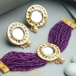 Aatmana Gold-Plated Round Kundan Studded & Purple Beaded Handcrafted Necklace Set-18
