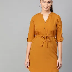 Zima Leto Women Mustard Yellow Solid Shift Dress-picture-2