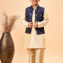 VASTRAMAY Boys Navy & Gold Embroidery Full Sleeves Kurta Sets-image-92