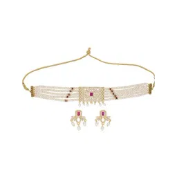 Sri Jagdamba Pearls Pink & White Pearl Choker Necklace Set-35