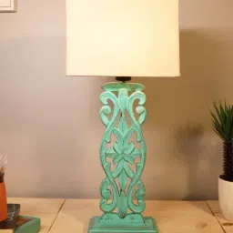 Homesake Sculptural White & Blue Wooden Hand Carved Table Lamp with Bulb - Set of 1-35