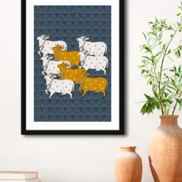 999Store Navy Blue & White MDF Nandi Cow Stylish Modern Art Printed Paper Wall Painting - Set of 1-18