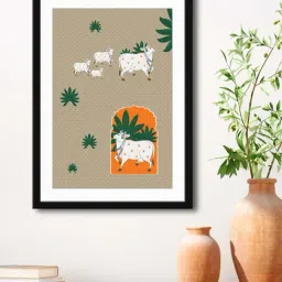 999Store Light Brown & White MDF Cow with Flower Printed Paper Wall Painting - Set of 1-41