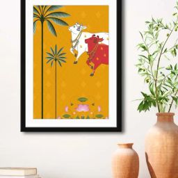999Store Yellow & White MDF Nandi Cow Stylish Modern Art Printed Paper Wall Painting - Set of 1-44
