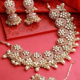 Aatmana Gold-Plated Maroon & White Stone-Studded Meenakari Necklace Set with Pearl Beads-2