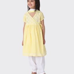 Fabindia Kids Yellow Cotton Embroidered Suit Set With Dupatta-image-98