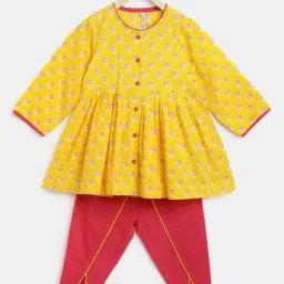 Campana Kids Yellow & Magenta Small Flower Motif Print Kurti with Dhoti-image-1