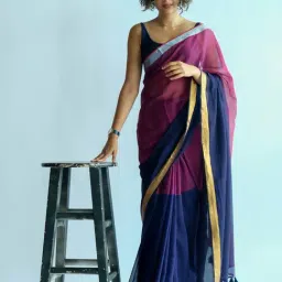 Suta Purple & Blue Saree Without Blouse-image-53