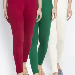 Gracit Green & Maroon Mid Rise Leggings - Pack Of 3-image-80