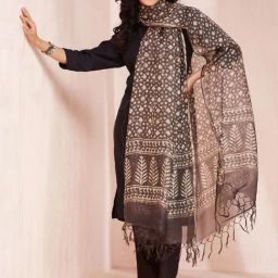 Grey Cotton Silk Blend Dabu Printed Dupatta-image-37