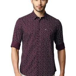 Basics Fig Maroon Cotton Slim Fit Printed Shirt-image-0