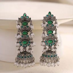 Priyaasi Green Stoned Long Jhumki Earrings-image-25