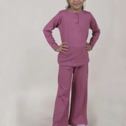 Kiddopanti Girls Purple Cotton Solid Full Sleeves Night Suits-image-1