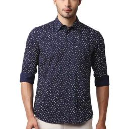 Basics Insignia Navy Cotton Slim Fit Printed Shirt-image-44