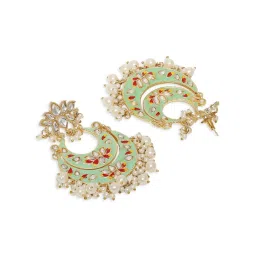 OOMPH Mint Green Meenakari with Kundan Lotus Design Chand Bali Earrings image 4