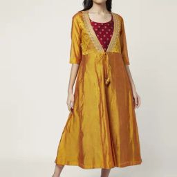 Rangmanch by Pantaloons Mustard & Maroon Embroidered A-Line Double Layred Dress-image-17