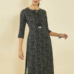 Soch Black Rayon Ikat Print Straight Kurta with Pocket-image-31