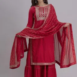 SHOOLIN Bandhani Printed Mirror Work Pure Cotton Kurta with Sharara & Dupatta image 5