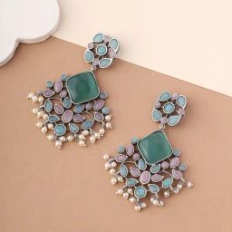 Priyaasi Floral Green and Pink Dangler Earrings-6