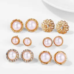 OOMPH Golden Tone White Pearl Ear Office-Wear Fashion Stud Earrings for Women - Set of 6-30