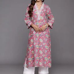 Varanga Pink Cotton Floral Print Straight Kurta-image-28