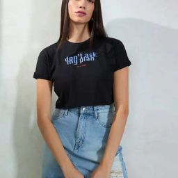 VIRGIO Black Cotton Print Short Sleeves Crop Top-image-48