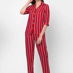 Sweet Dreams Scarlet Red Striped Shirt Pyjama Set-image-67