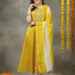 Stylum Yellow Rayon Embroidered A Line Kurta With Dupatta-picture-2