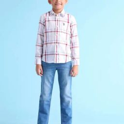 U.S. Polo Assn. Boys White & Peach Cotton Checks Full Sleeves Shirts-picture-9