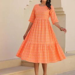 Janasya Orange Print Janasya Women's Orange Pure Cotton Woven Design Tiered Western Dress-image-43