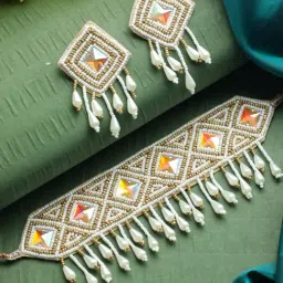 Aatmana Gold & White Pearl Beaded Tasseled Handcrafted Necklace Set-picture-26