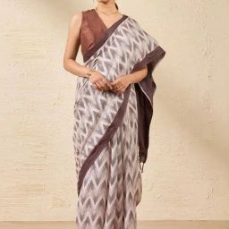 Taneira Off-White Linen Printed Saree With Unstitched Blouse-picture-6