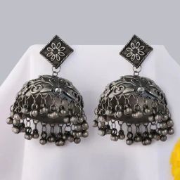 Fida Embossed Dome Shaped Silver Jhumki Earrings-image-16