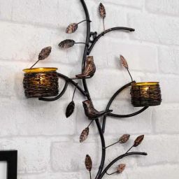 Homesake Yellow Metal Tree With Bird Nest Votive Wall Candle Holder-1