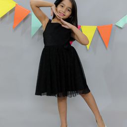 KIDSDEW Sleeveless Flower Applique Embellished Accordion Pleated Shimmer Detailed Fit & Flare Dress - Black-image-38