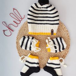 Woonie StripedDesign Cap With Coordinating Mittens & Socks Set - Black-21
