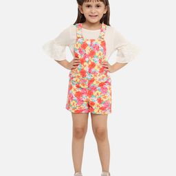 Nauti Nati Three Fourth Bell Sleeves Solid Tee With Floral Printed Dungaree Set - Orange-image-36