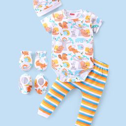 Babyhug 100% Cotton Knit Half Sleeves Animals Printed Onesie with Leggings & Cap Mitten Booties Set - Multicolour-image-68