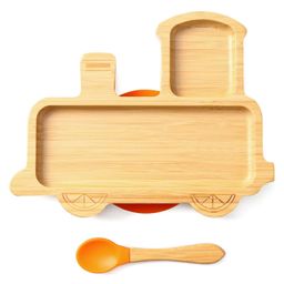 Train Shaped Bamboo Wooden 3 Compartment Section Plate with Spoon Suction Base - Beige & Orange-14
