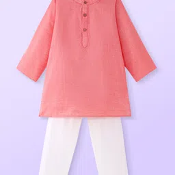 Babyhug Cambric Woven Full Sleeves Embroidered Kurta Pyjama Set - Coral-picture-16