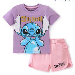 Babyoye Disney Cotton Knit Half Sleeves Night Suit With Lilo N Stitch Graphics -Purple & Pink-image-14