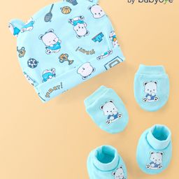 Babyoye 100% Cotton Knit With Eco Jiva Finish Bear  Printed Cap Mitten & Booties - Blue-image-14
