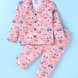 Smarty Boys 100% Cotton Knit Full Sleeves Front Open Car Printed Night Suit - Pink-image-82