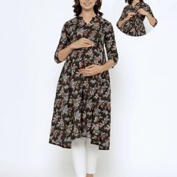 CRAFIQA Three Fourth Sleeves Floral Printed Maternity Kurta With Concealed Zipper Nursing Access - Black-picture-24