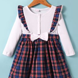 Kookie Kids Cotton Knit Full Sleeves Checkered Frock With Bow Applique - White-picture-12