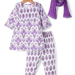 Babyhug Cotton Woven Three Fourth Sleeves Kurti Palazzo & Dupatta Set with Floral Print - White & Purple-image-30