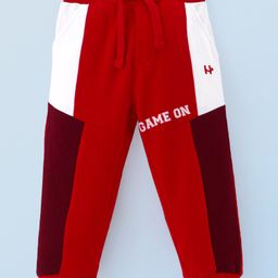 Honeyhap Premium100% Cotton Knit Full Length Colour Block Track Pant with Text Print - Rhubarb BrightWhite& Racing Red-image-82