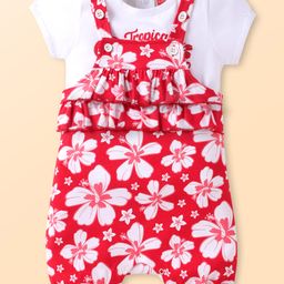 Babyhug Single Jersey Knit Floral Printed Dungaree with Half Sleeves Text Printed Top Set - White & Red-image-10