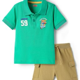 Babyhug 100% Cotton Knit Half Sleeves Animal Print Polo T-Shirt & Short Set - Green & Brown-image-82